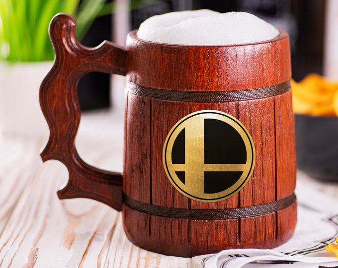 Super Smash Bros Wooden Beer Mug, Beer Stein, Personalized Tankard, Custom Engraved
