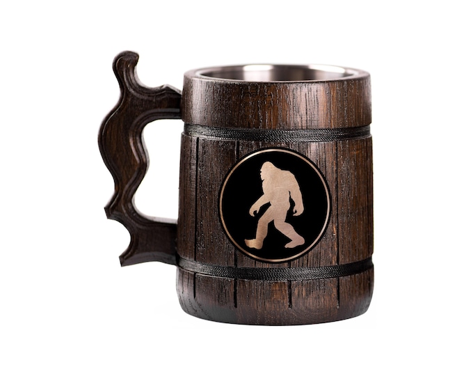 Sasquatch Beer Mug – Handcrafted Wooden Tankard for Men, Rustic Bigfoot Gift Idea