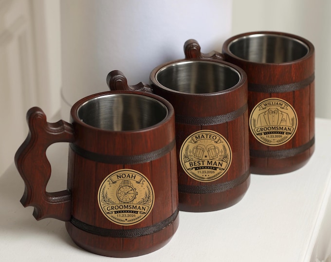 Personalized Beer Stein 500ml, Rustic Wedding Party Gift for Groom & Groomsmen