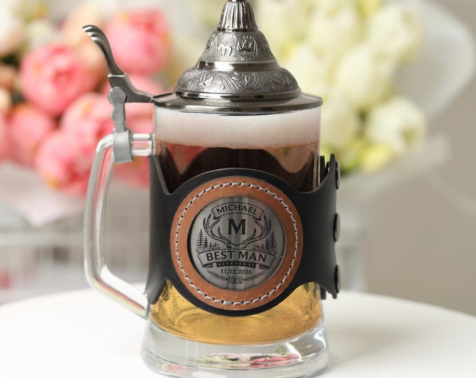 Personalized Glass Beer Mug with Metal Lid, Groomsman & Groom Wedding Gift