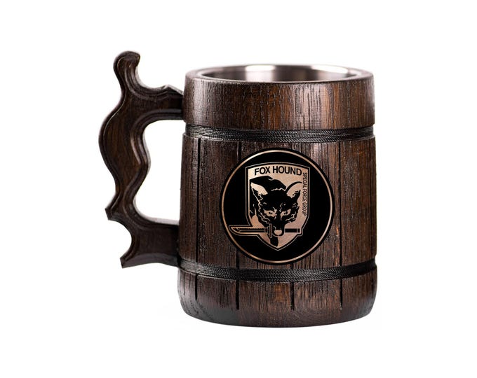 Metal Gear Solid Wooden Beer Mug, FOX HOUND Beer Stein, Personalized Tankard, Custom Engraved