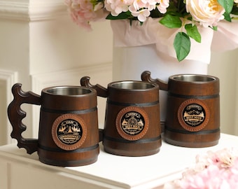 Custom Oak Beer Mug 500ml, Personalized Wooden Stein for Groom & Best Man, Wedding Favor Gift