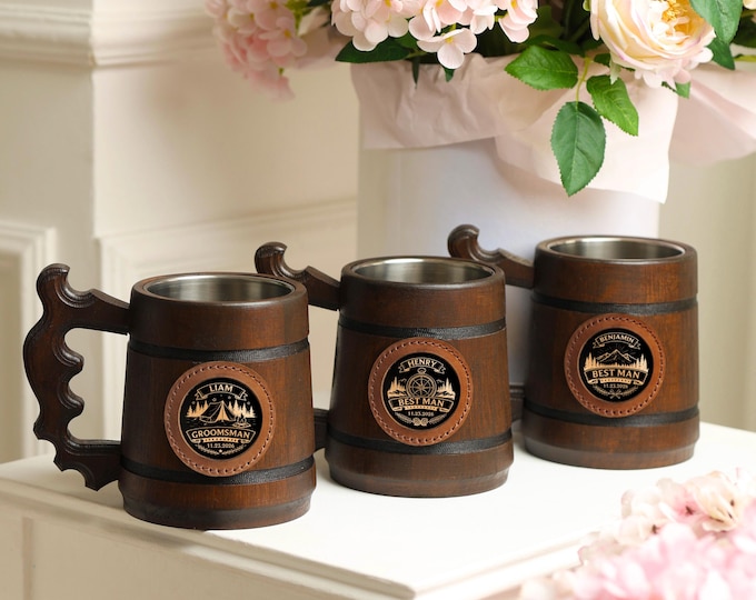 Custom Oak Beer Mug 500ml, Personalized Wooden Stein for Groom & Best Man, Wedding Favor Gift
