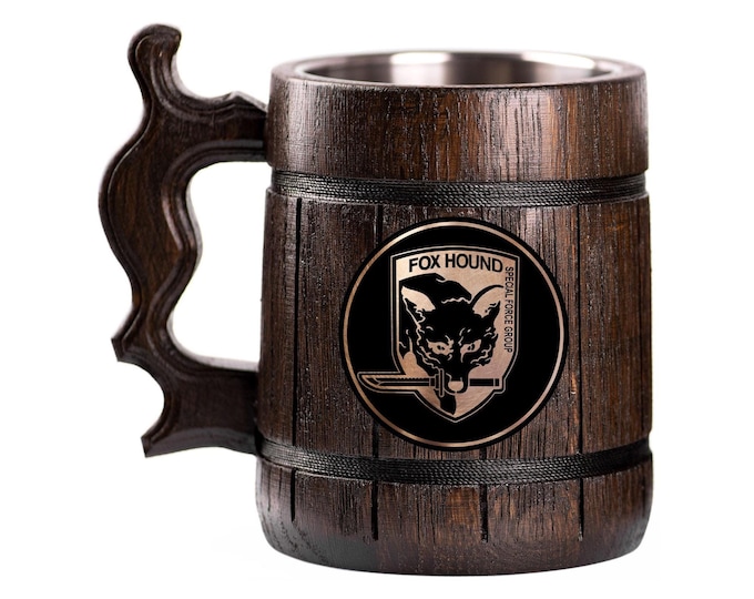 Metal Gear Solid Wooden Beer Mug, FOX HOUND Beer Stein, Personalized Tankard, Custom Engraved