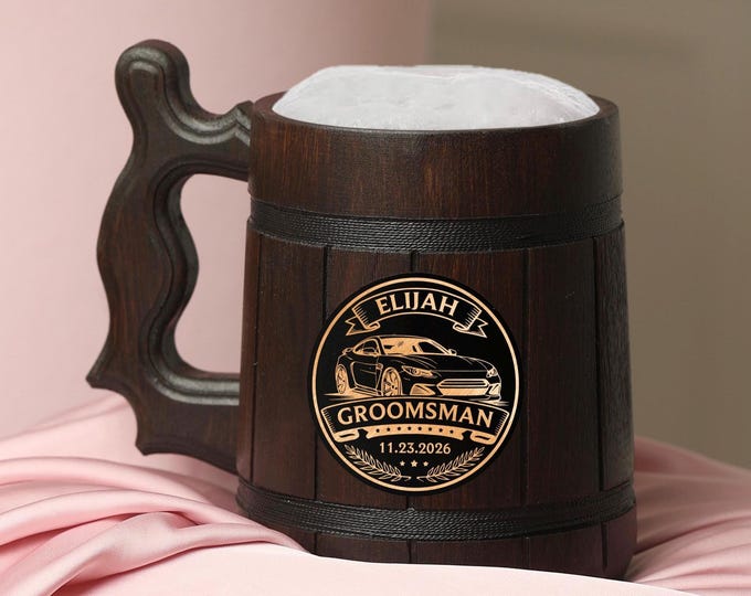 Groom & Groomsmen Oak Beer Stein (500ml), Custom Engraved Wedding Gift Tankard