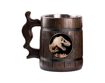 Jurassic World Wooden Beer Mug, Beer Stein, Personalized Tankard, Custom Engraved