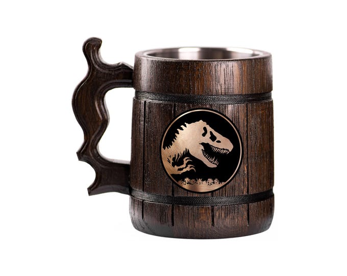 Jurassic World Wooden Beer Mug, Beer Stein, Personalized Tankard, Custom Engraved