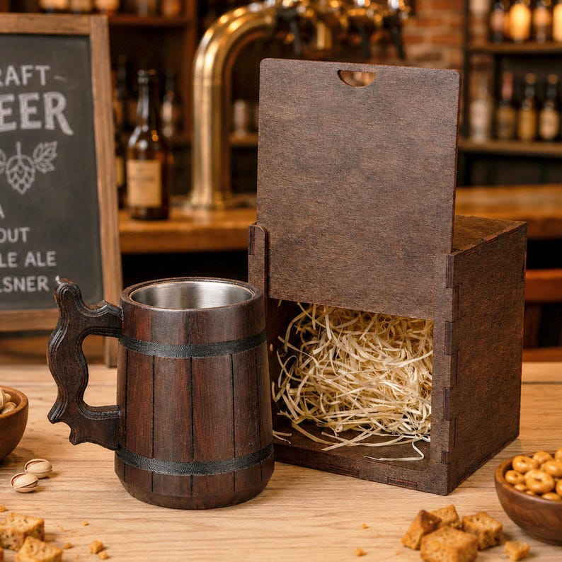 May include: A wooden beer mug with a stainless steel interior and a decorative handle, next to a wooden gift box filled with straw. The mug and box are dark brown, suggesting a rustic theme.