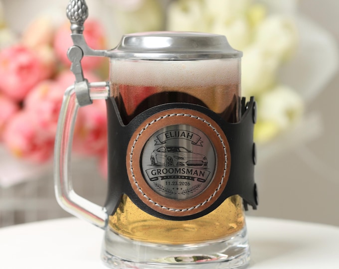 Custom Glass Beer Stein with Metal Lid, Best Man & Groomsmen Wedding Party Gift