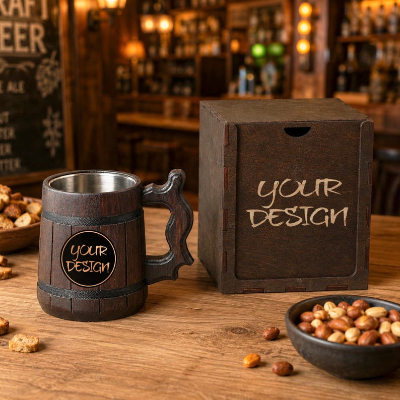 May include: A wooden beer mug with a stainless steel interior and a wooden handle. The mug has a round emblem that says "YOUR DESIGN". A wooden box with the text "YOUR DESIGN" is next to the mug. A bowl of peanuts and snacks are on the table.