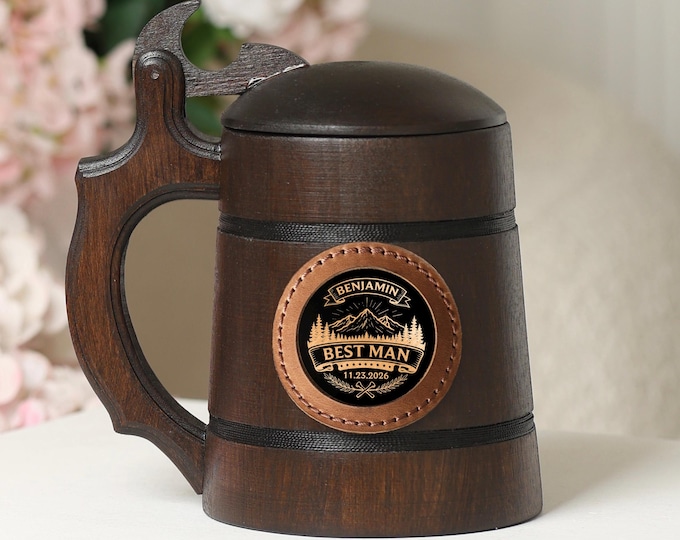 Engraved Wooden Beer Mug with Lid, Rustic Oak Tankard, Groom Crew Keepsake 500ml