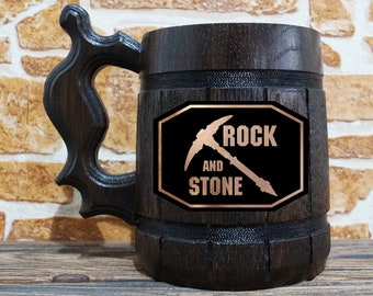Deep Rock Galactic Mug, Rock and Stone Engraved Stein, Personalized Beer Mug, Wooden Geek Tankard, Groomsmen Gift, Custom Gift for Him