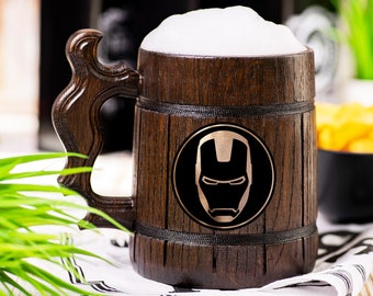 Iron Man Wooden Beer Mug, Marvel Beer Stein, Personalized Tankard, Custom Engraved