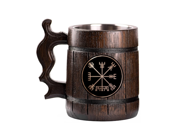 Vegvisir Viking Beer Mug – Handcrafted Wooden Tankard with Norse Compass Symbol
