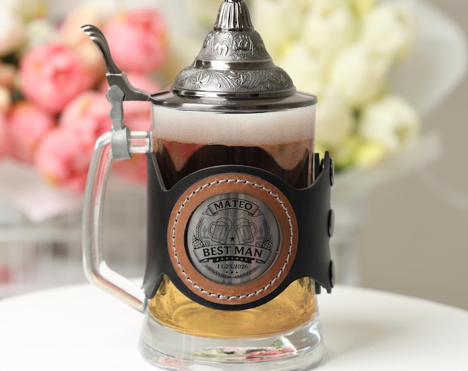 Custom Groomsman Glass Beer Stein with Lid, Bachelor Party Gift