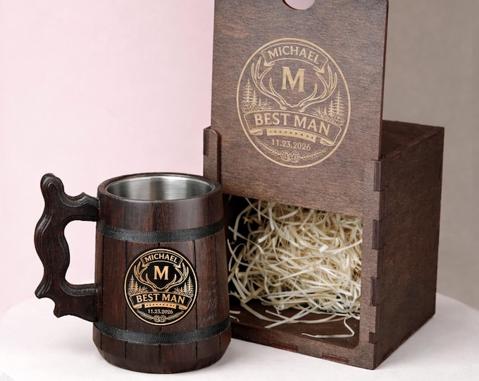 Custom Wedding Beer Mug, Handmade Oak Tankard with Stainless Steel Cup, Groomsman Gift