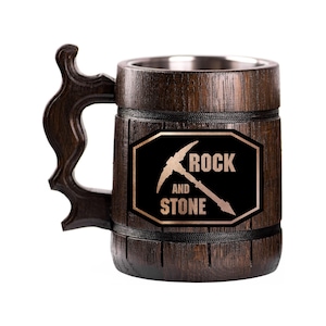 Deep Rock Galactic Engraved Wooden Beer Mug – Rock and Stone Gamer Tankard Gift