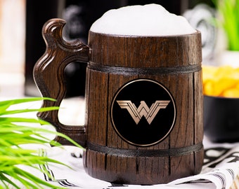 Wonder Woman Wooden Beer Mug, DC Beer Stein, Guardians of the Galaxy Personalized Tankard, Custom Engraved