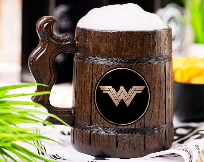Wonder Woman Wooden Beer Mug, DC Beer Stein, Guardians of the Galaxy Personalized Tankard, Custom Engraved