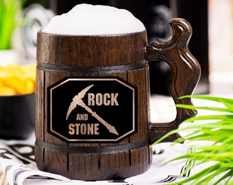 Deep Rock Galactic Mug, Rock and Stone Engraved Stein, Personalized Beer Mug, Wooden Geek Tankard, Groomsmen Gift, Custom Gift for Him