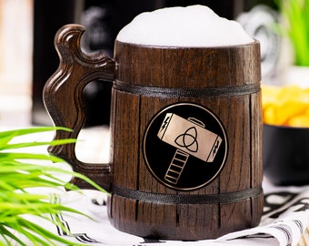 Mjolnir Wooden Beer Mug, Thor Beer Stein, Personalized Tankard, Custom Engraved