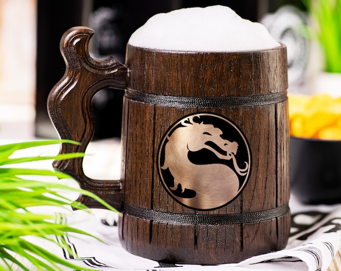 Mortal Kombat Wooden Beer Mug, MK Beer Stein, Personalized Tankard, Custom Engraved