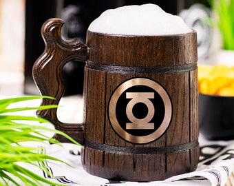 Green Lantern Wooden Beer Mug, DC Beer Stein, Personalized Tankard, Custom Engraved