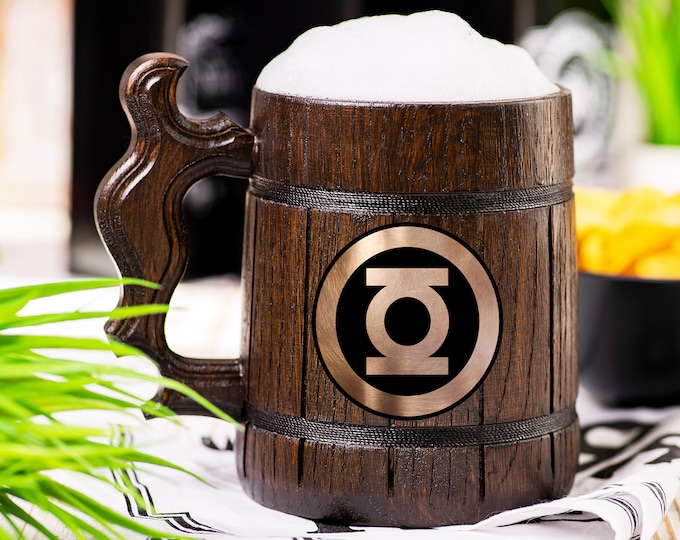 Green Lantern Wooden Beer Mug, DC Beer Stein, Personalized Tankard, Custom Engraved