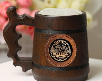 Rustic Personalized Beer Mug, Handmade Oak Stein with Steel Cup, Wedding Party Gifts for Groomsmen