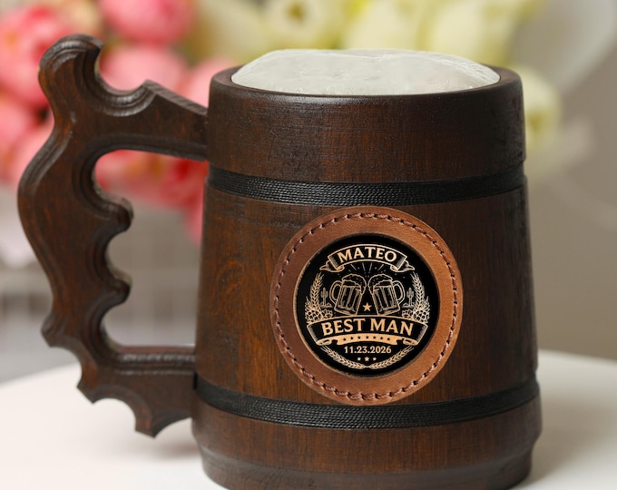 Rustic Personalized Beer Mug, Handmade Oak Stein with Steel Cup, Wedding Party Gifts for Groomsmen