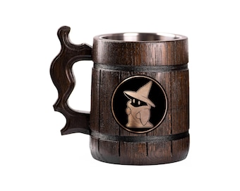 Final Fantasy Wooden Beer Mug, Black Mage Beer Stein, Personalized Tankard, Custom Engraved