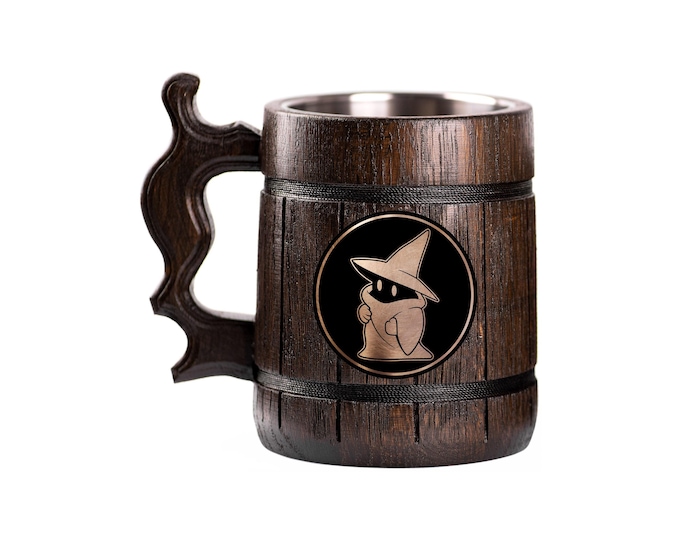 Final Fantasy Wooden Beer Mug, Black Mage Beer Stein, Personalized Tankard, Custom Engraved
