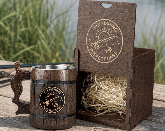 Custom Engraving Mug, Wooden Beer Stein for Fisherman or Hunter, Gift Tankard for Man, Dad or Grandpa