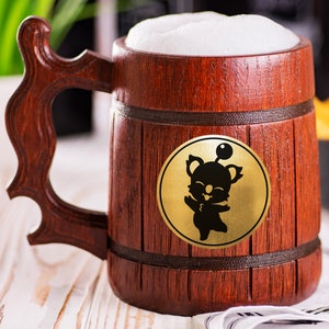 Final Fantasy Wooden Beer Mug, Moogle Beer Stein, Personalized Tankard, Custom Engraved