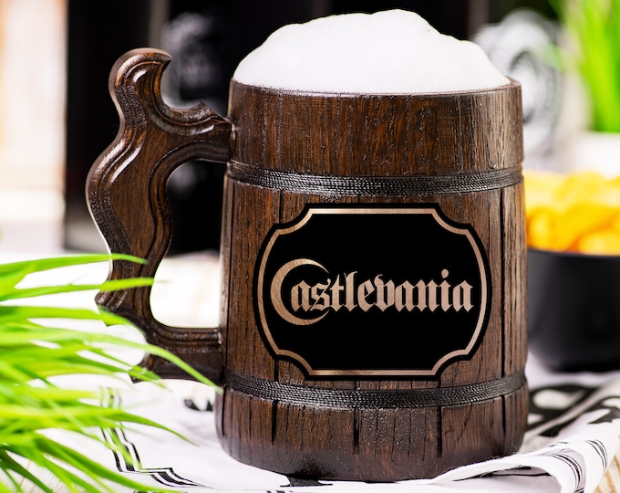 Castlevania Wooden Beer Mug, Beer Stein, Personalized Tankard, Custom Engraved