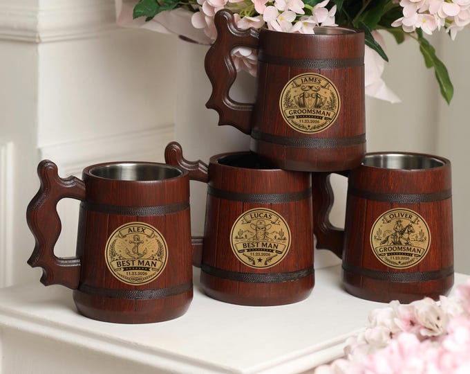 Custom Engraved Wooden Beer Mug 500ml, Groom Gift, Best Man Tankard
