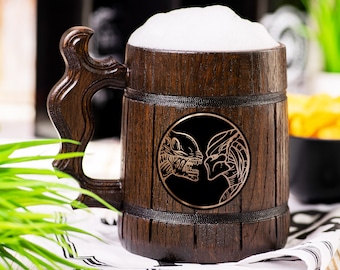Alien vs. Predator Wooden Beer Mug, Beer Stein, Personalized Tankard, Custom Engraved