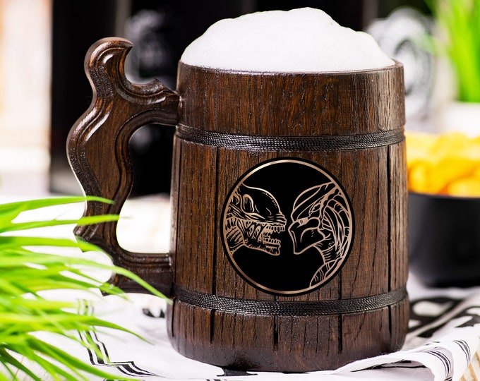 Alien vs. Predator Wooden Beer Mug, Beer Stein, Personalized Tankard, Custom Engraved