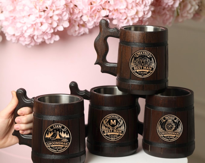 Groomsman Oak Beer Mug with Stainless Steel Insert, Personalized Gift Tankard