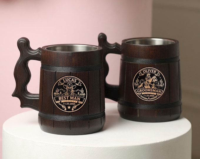 Personalized Groomsman Beer Mug, Handmade Oak Tankard with Steel Cup, Wedding Party Gift