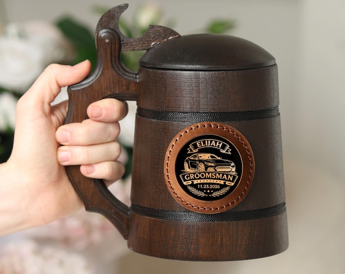 Personalized Wedding Party Beer Mug, Oak Tankard with Lid, Best Man Gift 500ml