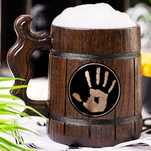Elder Scrolls Wooden Beer Mug, Dark Brotherhood Black Hand Beer Stein, Personalized Tankard, Custom Engraved