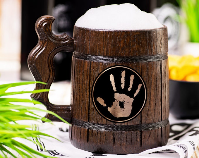 Elder Scrolls Wooden Beer Mug, Dark Brotherhood Black Hand Beer Stein, Personalized Tankard, Custom Engraved