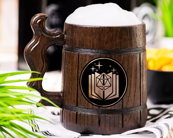 Storyteller's Book Beer Mug, Dungeons & Dragons Beer Stein, Gamer Personalized DnD Wooden Tankard, Custom DM Gift