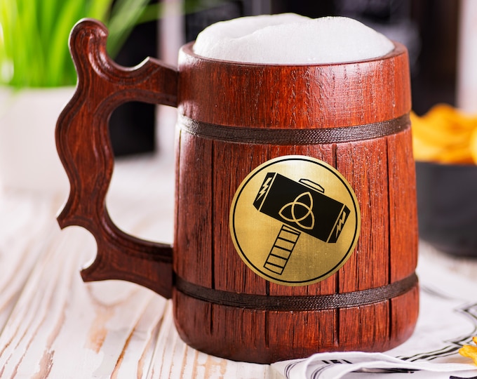 Mjolnir Wooden Beer Mug, Thor Beer Stein, Personalized Tankard, Custom Engraved