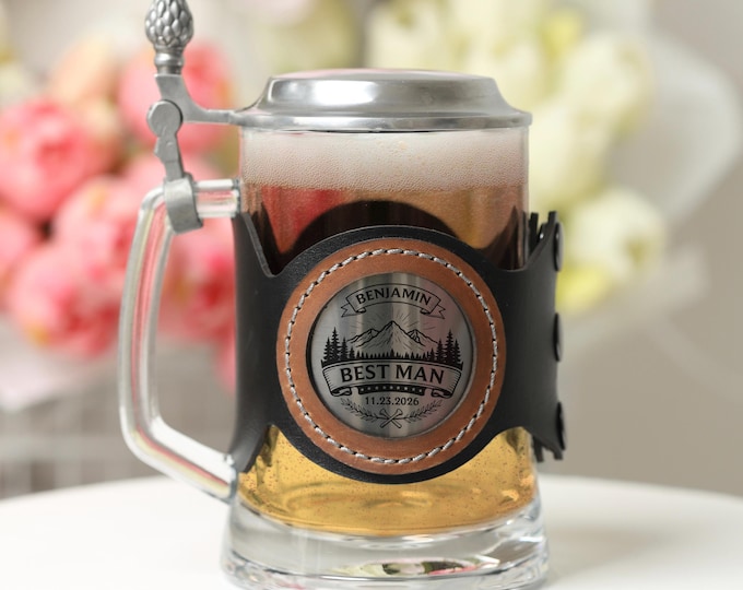 Glasses Beer Stein with Lid & Custom Engraving for Groomsman or Best Man