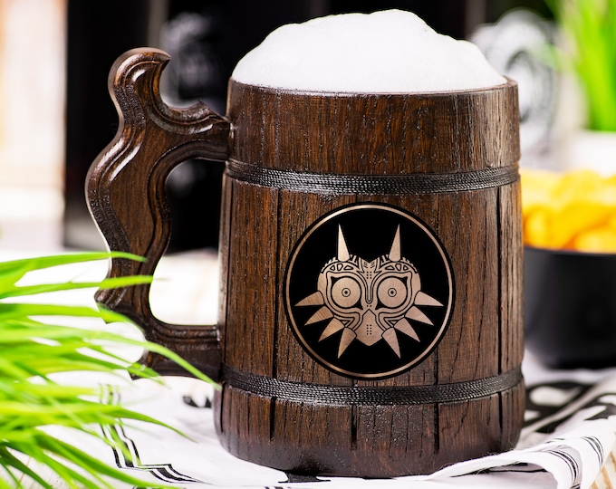 Legend of Zelda Wooden Beer Mug, Majora’s Mask, Super Smash Bros, Beer Stein, Personalized Tankard, Custom Engraved
