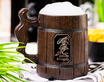 Lord of the Rings Wooden Beer Mug, Green Dragon Beer Stein, LOTR Personalized Tankard, Custom Engraved
