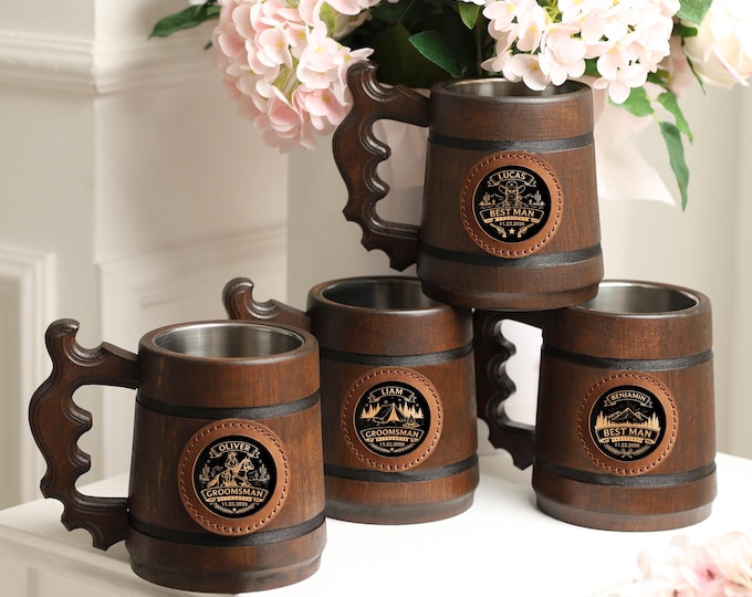 Engraved Oak Beer Mug 500ml, Personalized Wedding Gift for Groom, Best Man, Groomsmen