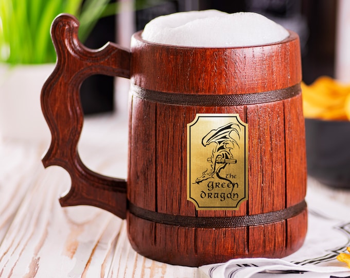 Lord of the Rings Wooden Beer Mug, Green Dragon Beer Stein, LOTR Personalized Tankard, Custom Engraved